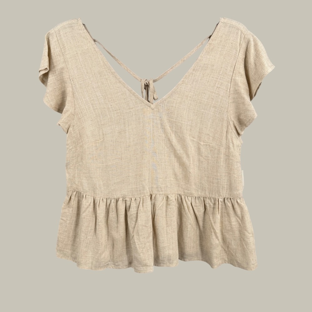 Dex Peplum Top Size XS Sand Dollar Tan V-Neck Strappy Back Short Sleeve New